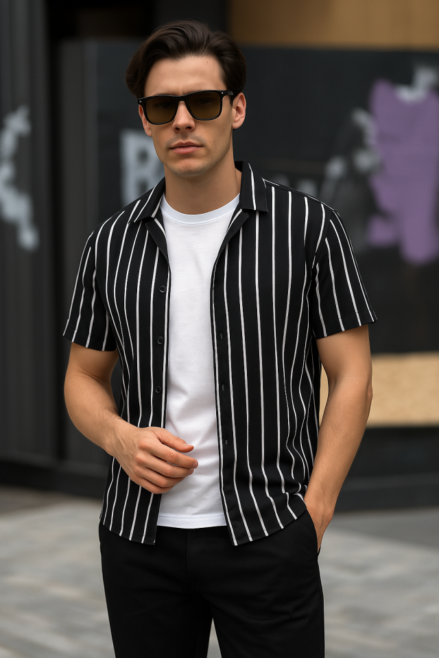 Erkek Kısa Kollu Beyaz çizgi Desenli örme Kumaş Pamuklu Gömlek