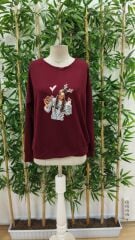 Kadın Yılbaşı özel Uzun Kollu Bisiklet Yaka Desenli Viskon Iki Iplik Bluz