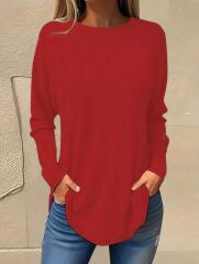 Kadın Uzun Kollu Yuvarlak Yaka Salaş Iki Iplik Bluz
