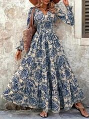 Kadın Uzun Kollu V Yakalı Desenli Süprem Elbise