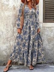 Kadın Uzun Kollu V Yakalı Desenli Süprem Elbise