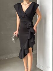 Scuba Kumaş Önü Fırfırlı Midi Boy Elbise