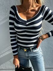 Kadın V Yaka Süprem Kumaş Çizgi Desenli Bluz