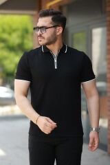 Erkek Fermuar Yakalı çizgi Detaylıkısa Kollu Tişört