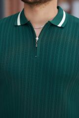 Erkek Yaka Ve Kolları çizgi Detaylı Fermuarlı Kısa Kollu T-shirt