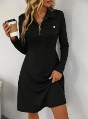 Kadın Uzun Kollu Yakalı Fermuarlı Ve Cepli Kısa Ithal Krep Kısa Elbise
