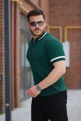 Erkek Yaka Ve Kolları çizgi Detaylı Fermuarlı Kısa Kollu T-shirt