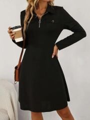 Kadın Uzun Kollu Yakalı Fermuarlı Ve Cepli Kısa Ithal Krep Kısa Elbise