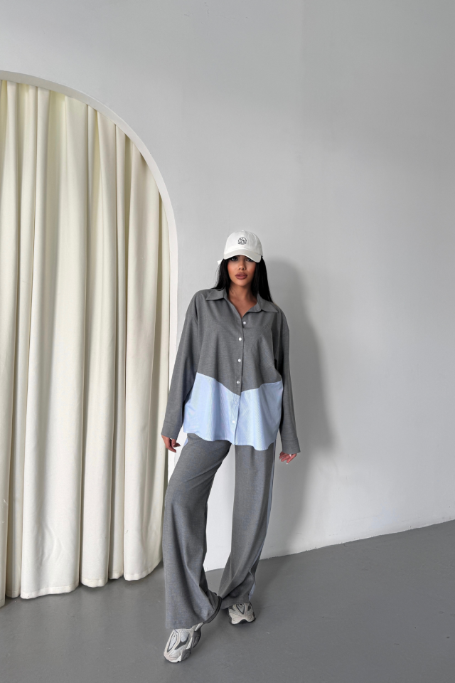 POLYVİSKON - POPLİN PARÇALI GÖMLEK PANTOLON TAKIM - Gri