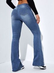 Kadın Yüksek Bel Cepli İspanyol Paçalı Kot Jeans Pantolon