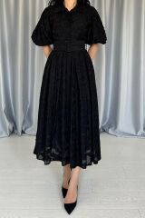 Siyah Kemerli Balon Kollu Elbise