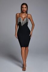 Kadın Omuz Askılı Derin Göğüs Dekolteli Zincir Detay Mini Elbise