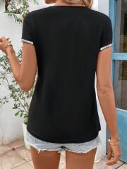 Kadın Kısa Kollu önden Fermuarlı Kol Ucu ışıltılı Viskon Bluz