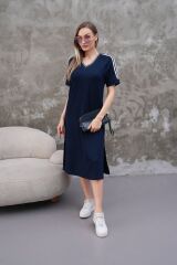 Kadın Kristal Kumaş şerit Ve Yırtmaç Detaylı V Yaka Midi Boy Elbise