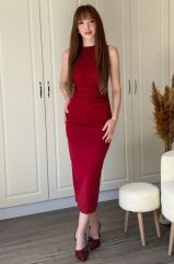 Kadın Sıfır Kol Sıfır Yaka Drape Detaylı Midi Janjan Krep Elbise