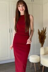 Kadın Sıfır Kol Sıfır Yaka Drape Detaylı Midi Janjan Krep Elbise