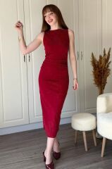 Kadın Sıfır Kol Sıfır Yaka Drape Detaylı Midi Janjan Krep Elbise