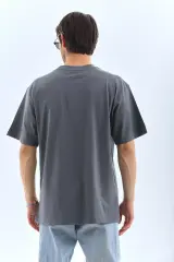 Unisex Oversize Taşlı Bisiklet Yaka T-Shirt - Füme