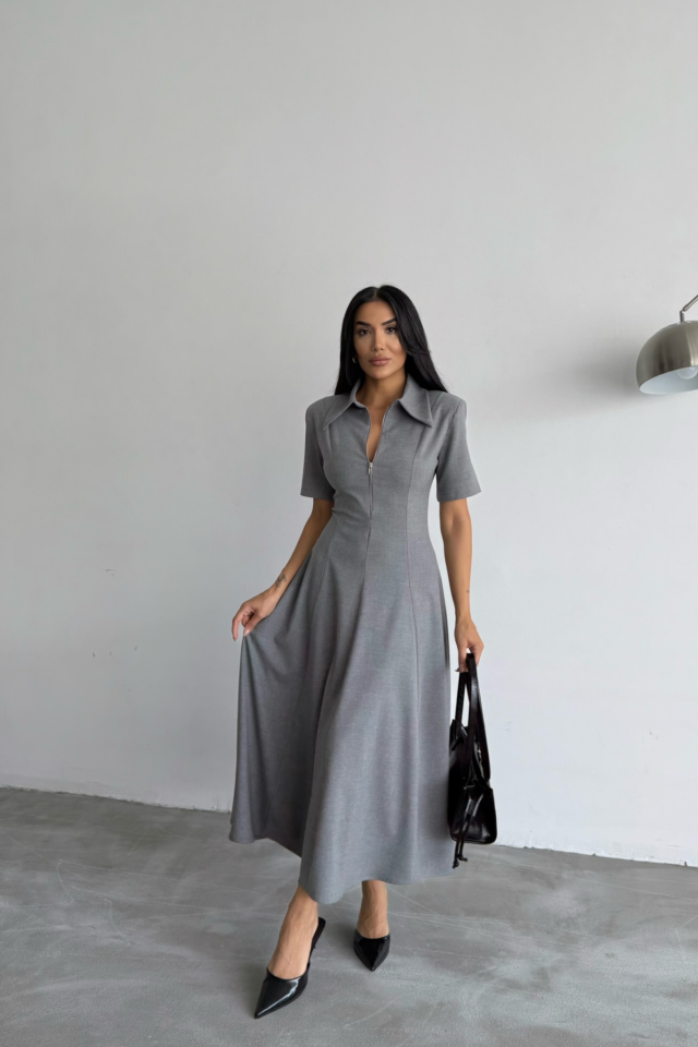 POLYVİSKON ELBİSE KISA KOL YAKA VE FERMUAR DETAYLI - Gri