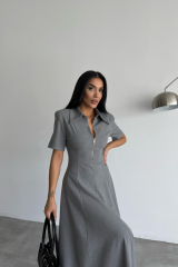 POLYVİSKON ELBİSE KISA KOL YAKA VE FERMUAR DETAYLI - Gri