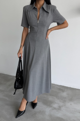 POLYVİSKON ELBİSE KISA KOL YAKA VE FERMUAR DETAYLI - Gri