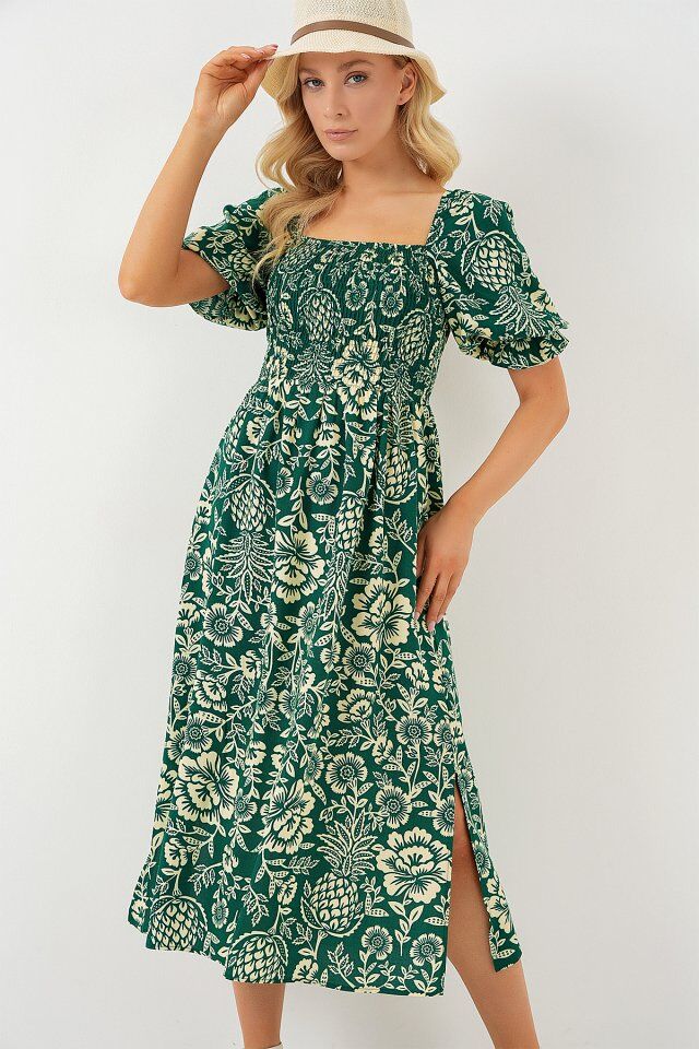2512 Desenli Yırtmaçlı Elbise - Zümrüt Yeşili