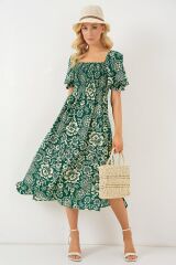 2512 Desenli Yırtmaçlı Elbise - Zümrüt Yeşili