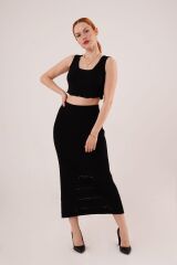 Örme Detaylı Etek Ve Bluz Siyah Takım