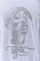 Unisex Oversize Taşlı Bisiklet Yaka T-Shirt - Beyaz