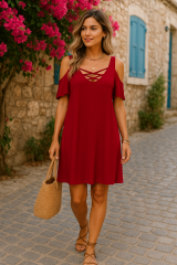 Dekolteli Bağcık Detay Viskon Kumaş Elbise