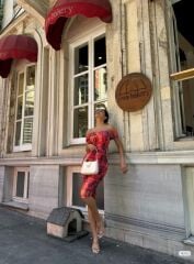 Kadın Madonna Yaka Dalga Desen Midi Boy şifon Elbise