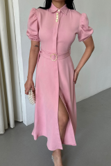 YAKA DÜĞME DETAYLI ELBİSE- Pembe