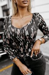 Kadın Uzun Kollu V Yaka Desenli Mikro Kumaş Bluz