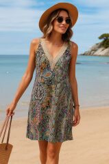 Kadın Kısa Kollu Dantel V Yakalı Desenli Süprem Elbise