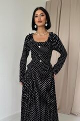 Siyah Puantiye Desenli Volanlı Elbise