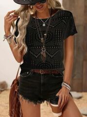 Kadın Kısa Kollu Bisiklet Yaka Desenli Triko Bluz