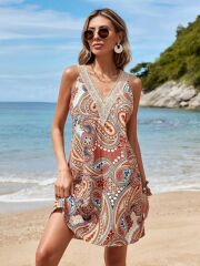 Kadın Kısa Kollu Dantel V Yakalı Desenli Süprem Elbise