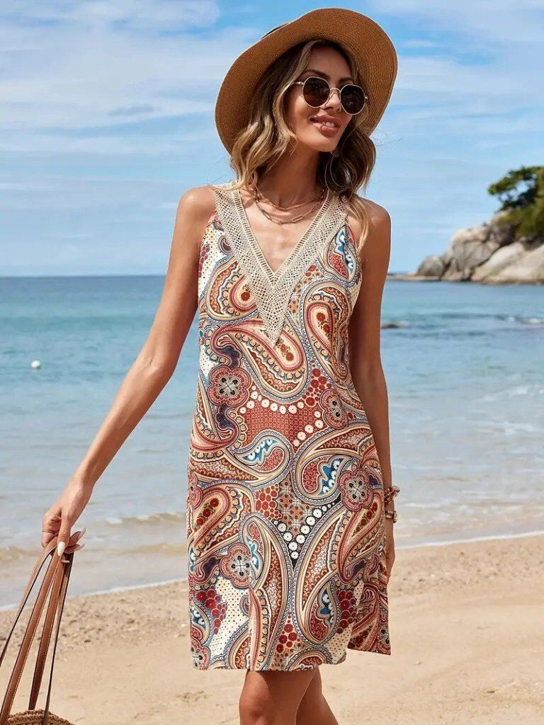 Kadın Kısa Kollu Dantel V Yakalı Desenli Süprem Elbise