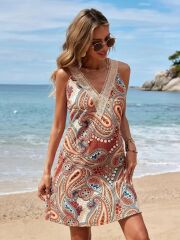 Kadın Kısa Kollu Dantel V Yakalı Desenli Süprem Elbise