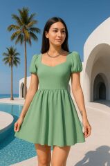 Kadın Dalgıç Kumaş Kalp Yaka Elbise