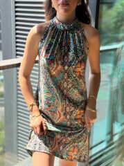 Kadın Kolsuz Boyundan Askılı Desenli Midi Süprem Elbise