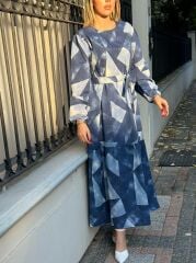 Kadın Uzun Kollu Bisiklet Yaka Geometrik Desen Baskılı Kuşak Dahil Maxi Boy Elbise