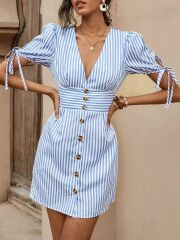 Kadın Kısa Bağcıklı Kol Kruvaze Yaka önden Düğmeli Kısa Poplin Elbise