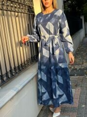 Kadın Uzun Kollu Bisiklet Yaka Geometrik Desen Baskılı Kuşak Dahil Maxi Boy Elbise