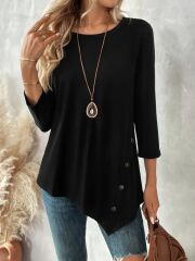 Kadın Uzun Kollu Bisiklet Yaka Etek Ucu Asimetrik Kesim Düğme Detaylı Viskon Bluz