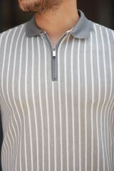 Erkek çizgili Fermuar Yakalı Kısa Kollu Tişört