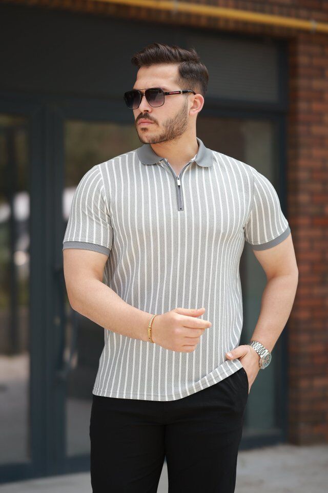 Erkek çizgili Fermuar Yakalı Kısa Kollu Tişört