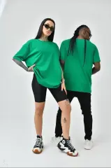 Unisex Basic Bisiklet Yaka Oversize T-Shirt - Yeşil