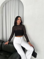 Dantel Uzun Kol Bluz- Siyah