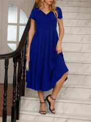 Kadın Kısa Kollu V Yakalı önden Pileli Midi Janjan Krep Elbise